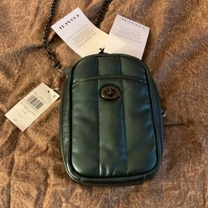 Coach Outlet Quilted Tall Camera Crossbody Bag. NWT. Metallic Matte Green